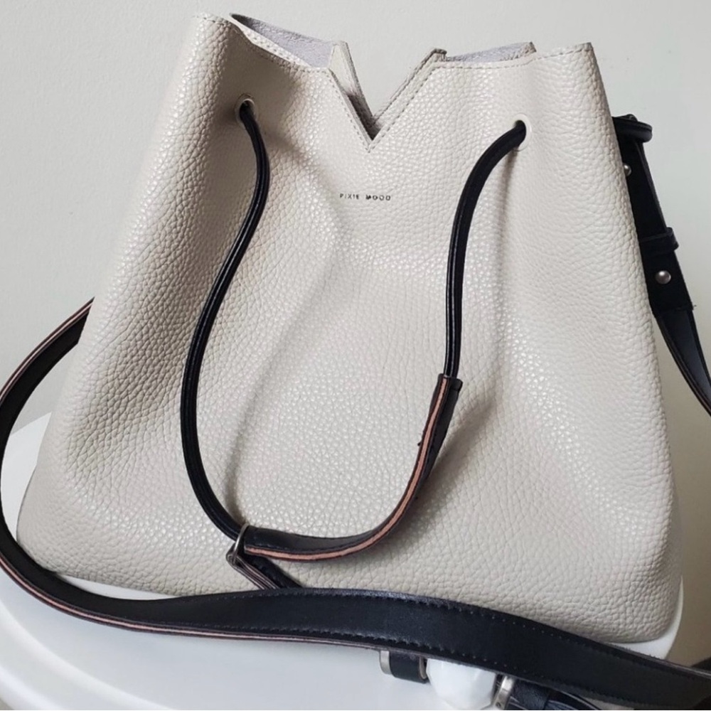 Pixie Mood Off-White/Grey Vegan Leather Drawstring Shoulder Bag with Black Strap